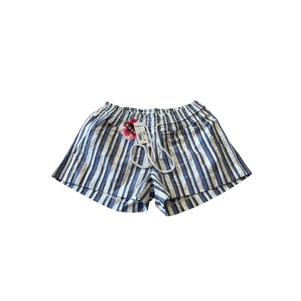 Roxy Womens Striped Beach Shorts Blue White Smocked Waist Rope Drawstring XS I12